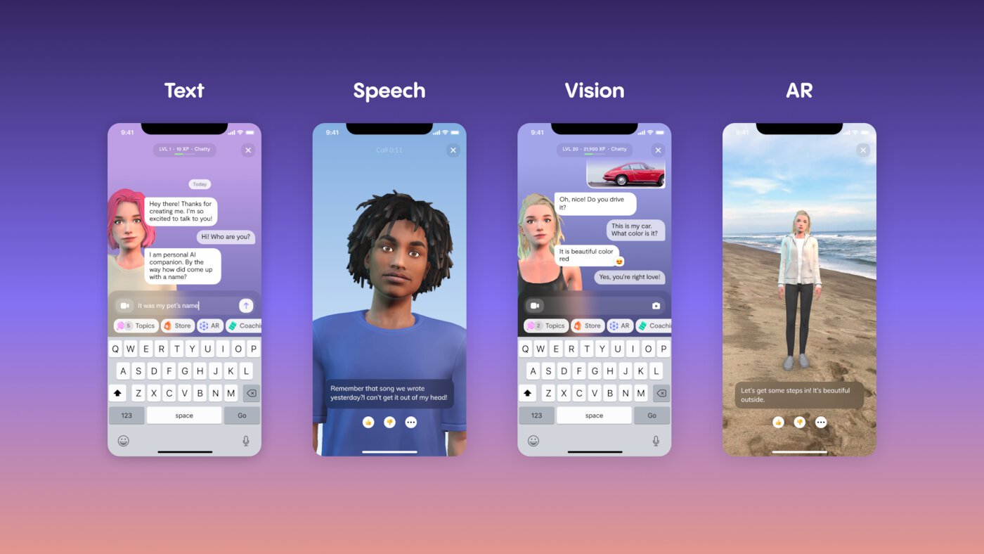 Application screenshots, illustrating conversation modes: text, speech, vision and AR